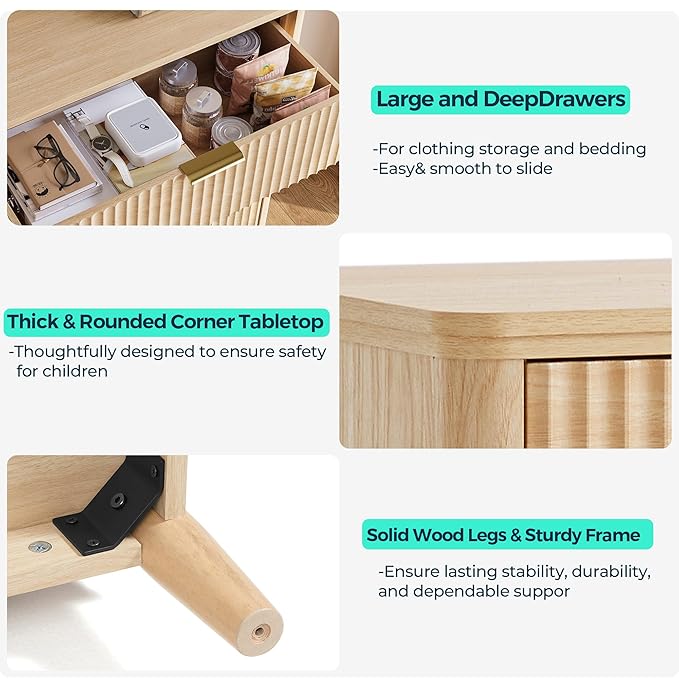 LINSY 6 Drawer Double Dresser for Bedroom, Modern Fluted Wood Chest of Drawers with Gold Metal Handles, Wide Storage Dresser TV Stand for Bedroom, Living Room, Entryway, Oak