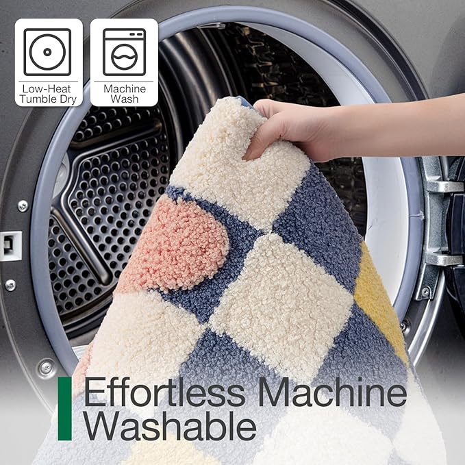 LUMI Bathroom Rug 16x24, Soft Absorbent Microfiber Bath Mats, Machine Washable Bath Rugs with Non-Slip Backing, Checkered Design Floor Mat for Bathroom, Shower and Bathtub Floor, Grid Flower