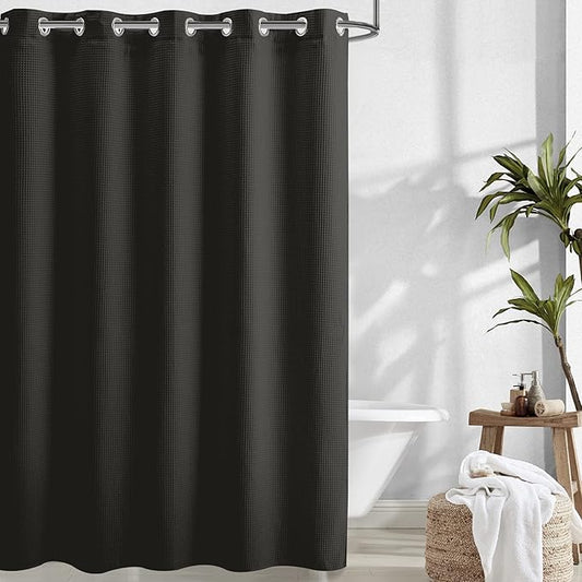 River Dream Extra-Long Waffle Weave Shower Curtain with Snap-in Liner,Cotton Blend Fabric Heavy Duty,No Hooks Needed Shower Curtain for Bathroom,Hotel Quality Shower Curtain Set, Black,71x86 inches