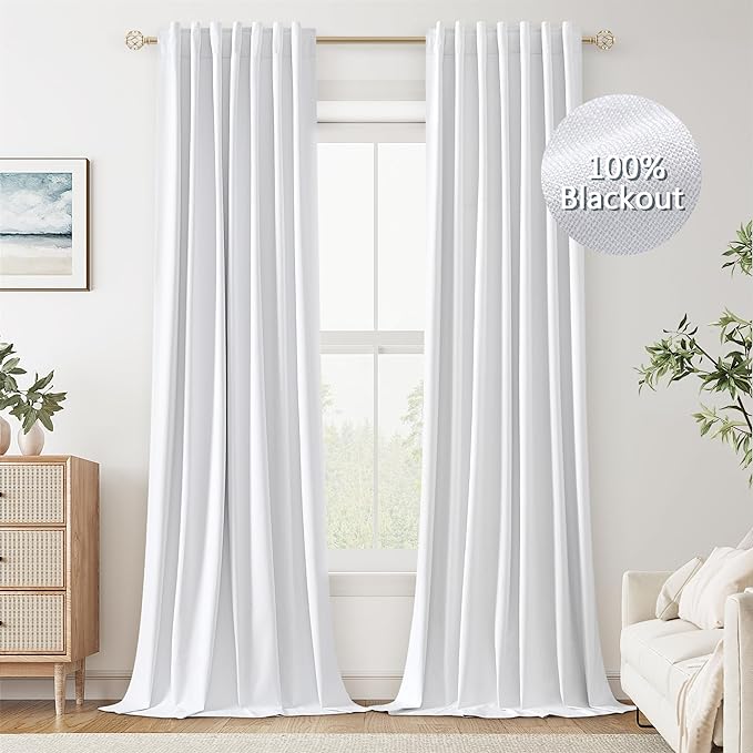 Guken White Linen Blackout Curtains 108 Inch Length 2 Panels Set for Living Room Bedroom Back Tab Thermal Insulated 100% Black Out Linen Drapes Room Darkening Window Curtains 108 Inches Long White