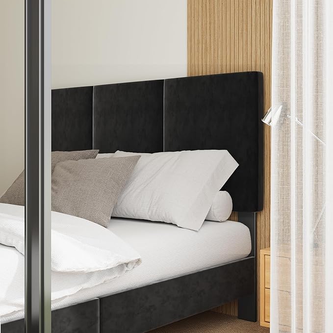 Queen Size Bed Frame with Headboard, Vertical Channel Tufted Heavy Duty Queen Platform Bed Frame, No Springs Required, Easy to Assemble, Black
