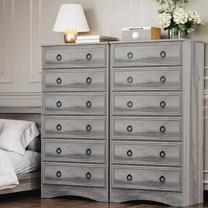 6 Drawer Dresser Tall, 52" Tall Grey Dresser for Bedroom, Chest of Drawers, Large Storage Organizer for Clothes, Grey Vintage, for Living Room, Bedroom, Hallway