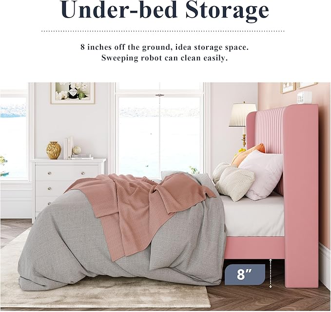 Allewie King Size Velvet Bed Frame/Vertical Channel Tufted Wingback Headboard/Upholstered Platform Bed/Strong Wooden Slats/No Box Spring Needed/Easy Assembly/Pink