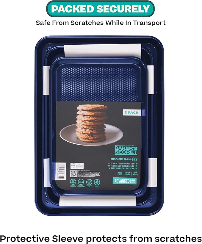 Baker's Secret Baking Sheets Non Stick, 3x Cookie Sheets for Oven, Diamond Texture Premium Air Flow, Set of 3 Baking Trays, Extra Thick 0.6mm with Diamond Base PFOA, PFOS, PTFE and PFAS free Bakeware