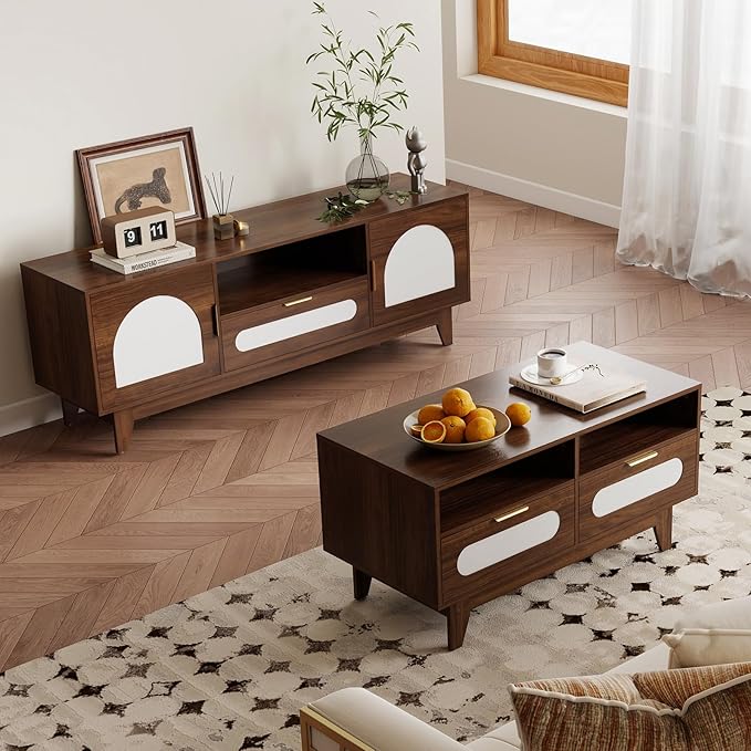 CANMOV Coffee Table and TV Stand Set of 2, Mid Century Modern TV Console for 60-70 inch TV, 39 inch Coffee Table with Storage & 4 Drawers for Bedroom, Living Room (Walnut)
