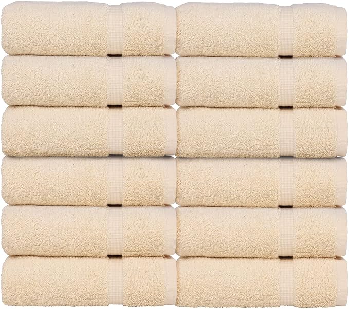 Luxury Hotel & Spa Towel 100% Genuine Turkish Cotton Wash Cloths - Beige - Dobby Border - Set of 12