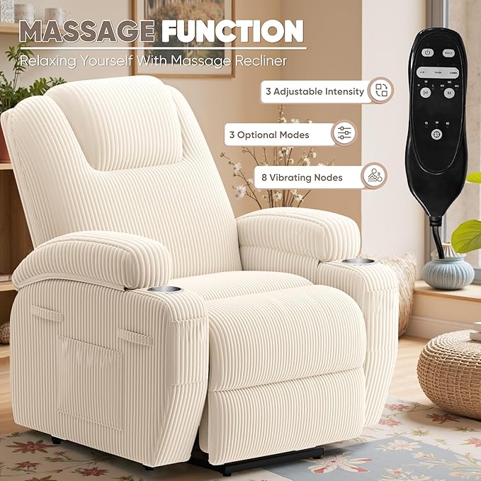 Power Lift Recliner Chair with Massage Electric Lift Chair for Elderly, Ergonomic Recliner with Cup Holders & Side Pockets, Modern Single Sofa for Living Room (Corduroy, White)