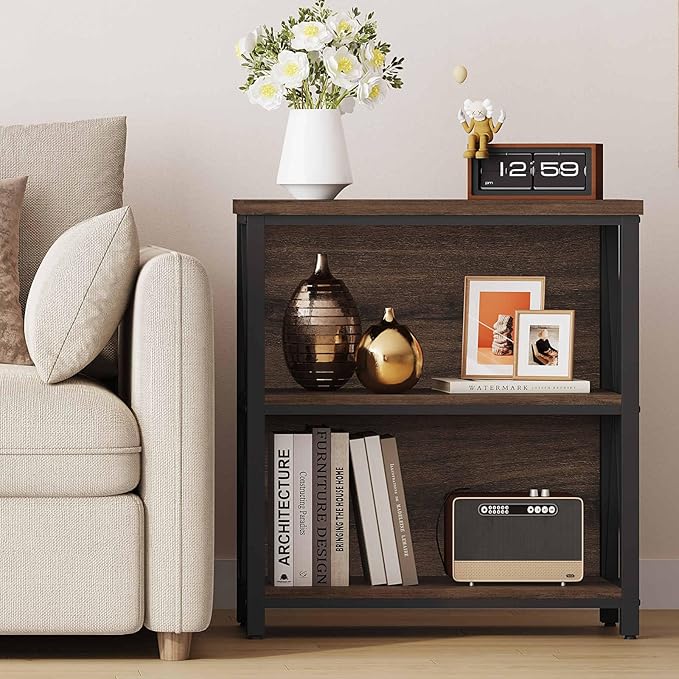 FATORRI Small Bookshelf, Rustic Book Shelf for Small Space, Low Short Bookcase, Industrial Wood and Metal Bookshelf and Bookcase for Living Room (Rustic Brown)