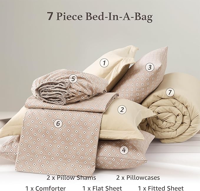Monbix Queen Comforter Set - 7 Pieces Beige Prewashed Bed in a Bag Queen Bedding Sets with Comforters, All Seasons Down Alternative Comforter Bed Set with Sheets,Pillowcases & Shams