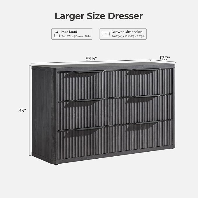 SICOTAS Dresser for Bedroom 6 Drawer Dressers & Chests of Drawers for Closet Long Large Modern TV Stand Set for Clothes Storage Fluted Wide Clothes Closet for Hallway Entryway, Dark Grey Alder