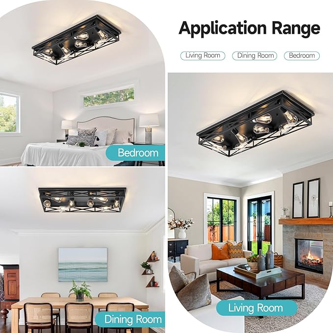 8-Light Large Flush Mount Ceiling Light Fixture, 31" Black Hallway Light, Metal Cage Closed to Ceiling Mounted Lights, Farmhouse Flush Mount Light Fixture for Bedroom Kitchen Hallway Entryway