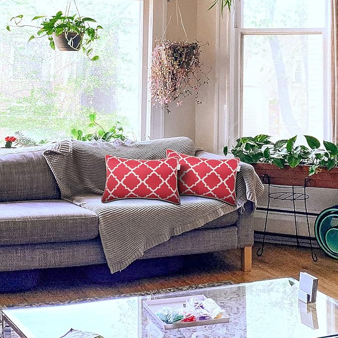 JMGBird 12×20 Inch Outdoor Lumbar Pillows Pack of 2 Waterproof Throw Pillows with Insert Rectangular Decorative Garden Cushion for Home Furniture Patio Coach Sofa (Red)
