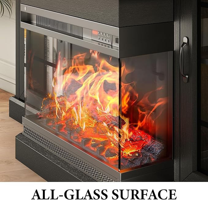 MXV 59'' Fireplace TV Stand, Farmhouse Entertainment Center with 3 Sided Glass TV Stand, Modern Media Console Table with Storage Drawers & Cabinets with LED Flame and Lights for Living Room, Black