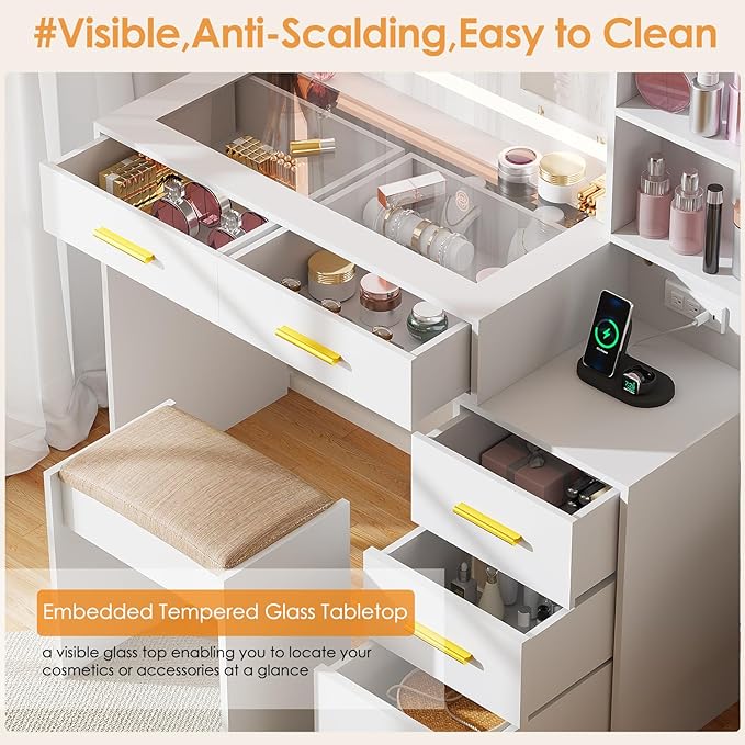 BEWISHOME Makeup Vanity Desk with Mirror and Lights,White Vanity Table with Glass Top,Makeup Desk with Power Outlet,5 Drawers,3 Lighting Modes,Stool,Nightstand,Dressing Table for Bedroom Girls FST29W