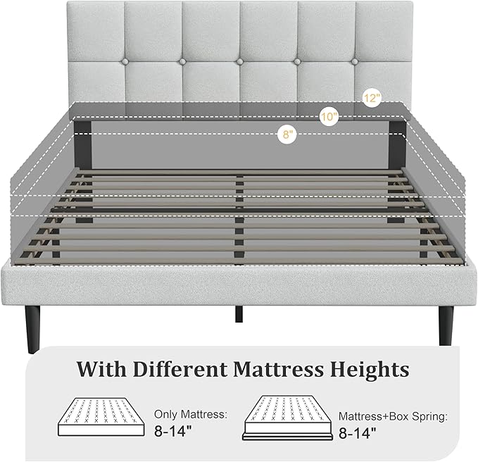Queen Size Bed Frame, Queen Size Platform Bed Frame with Headboard, Fabric Upholstered Headboard, Sturdy Wood Slats, No Noiseless, No Springs Required, Easy to Assemble, Gray