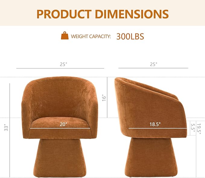 Swivel Modern Accent Chair,Luxury Fabric Upholstered Makeup Chair Comfy Barrel Chair with No Wheels,360°Rotating Vanity Armchair for Living Room Bedroom Office (Orange)