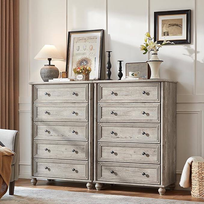 Farmhouse 5 Drawers Dresser for Bedroom, Wood 45" Tall Chest of Drawers, Dresser Rustic Storage Dressers Organizer with Metal Handle Closet for Living Room, Hallway Entryway