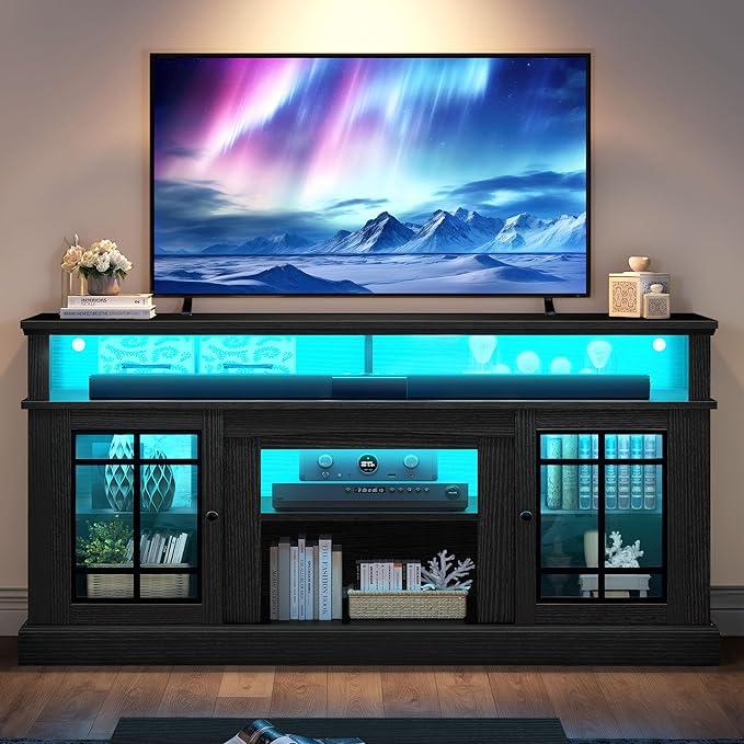 YITAHOME Black TV Stand for 75 Inch TV, LED Modern Entertainment Center with Adjustable Shelves and Glass Doors, 32'' Tall Television Stands TV Media Console Table for Living Room, Black