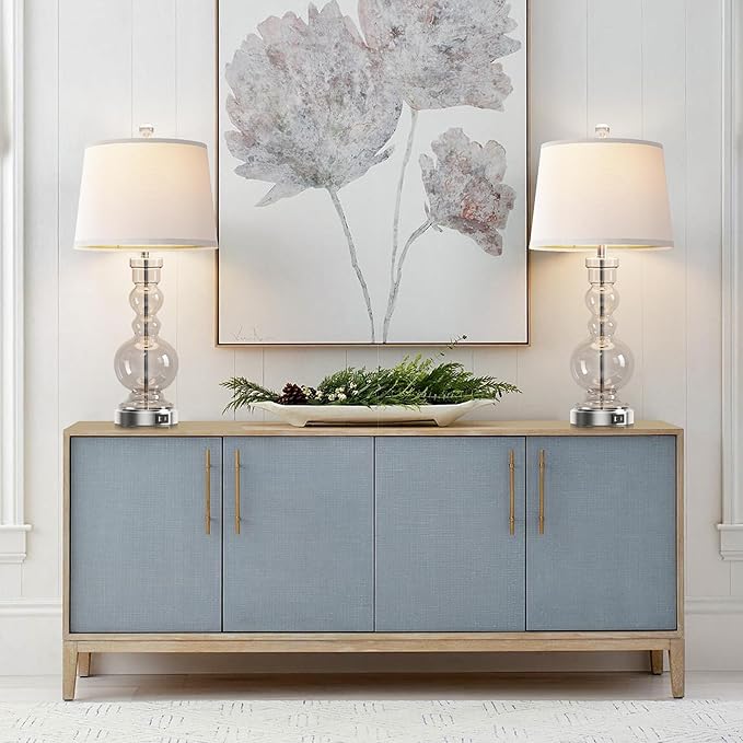 Hamucd 3-Way Dimmable Touch Control Clear Grey Glass Table Lamps Set of 2 with USB A+C for Modern Comtemporary Bedroom Nightstand Living Room Decor(Bulbs Included) (Clear)