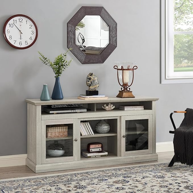 HMFULE 60" Farmhouse TV Stand for 60 65 Inch Television, Entertainment Center with 2 Storage Cabinets Glass Doors & Adjustable Shelves, Rustic Media Console Furniture for Living Room (Stone Gray)