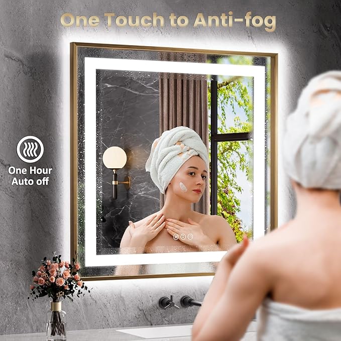 Amorho 77"x 36" Gold LED Bathroom Mirror, Metal Framed Mirror with Front Light and Backlit, Stepless Dimmable, Anti-Fog, Shatter-Proof, Memory, 3 Colors