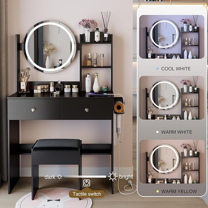 31.5" Small Vanity Desk with Round Mirror and Lights, Makeup Table with 2 AC+2 USB Power Station, Hair Dryer Bracket, Vanity Set with Drawers and Stool for Small Space Bedroom, Black