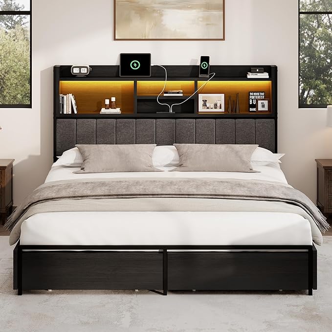 King Bed Frame with 6 Storage Drawers, Linen Upholstered Headboard, Built-in USB Charging Station & LED Lighting, Silent Metal Support, No Box Spring Needed, Vintage Black