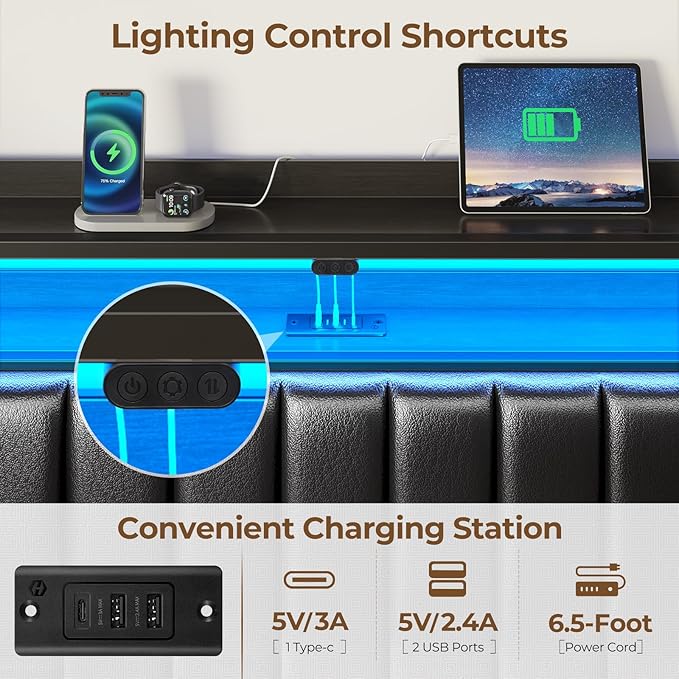 Rolanstar Headboard for Full Size Bed with Storage, 60,000 DIY Color of LED Light, Head Board with USB & Type C Port, Height Adjustable, Black Upholstered Cabeceras de Cama Comfortable Modern, Leather
