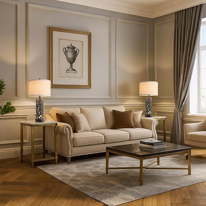 25'' Set of 2 Rustic Table Lamp for Bedroom Living Room with 2 USB Ports, Farmhouse Vintage Resin Nightstand Lamp with Nightlight, Antique Retro Desk Lamp for Entryway, 2 Bulbs Included