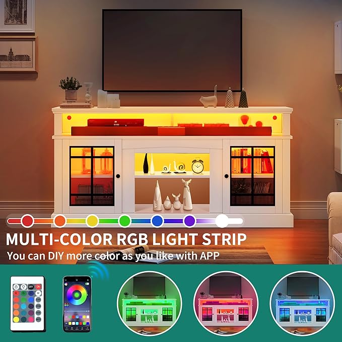 YITAHOME White TV Stand for 75 Inch TV, LED Modern Entertainment Center with Adjustable Shelves and Glass Doors, 32'' Tall Television Stands TV Media Console Table for Living Room, White