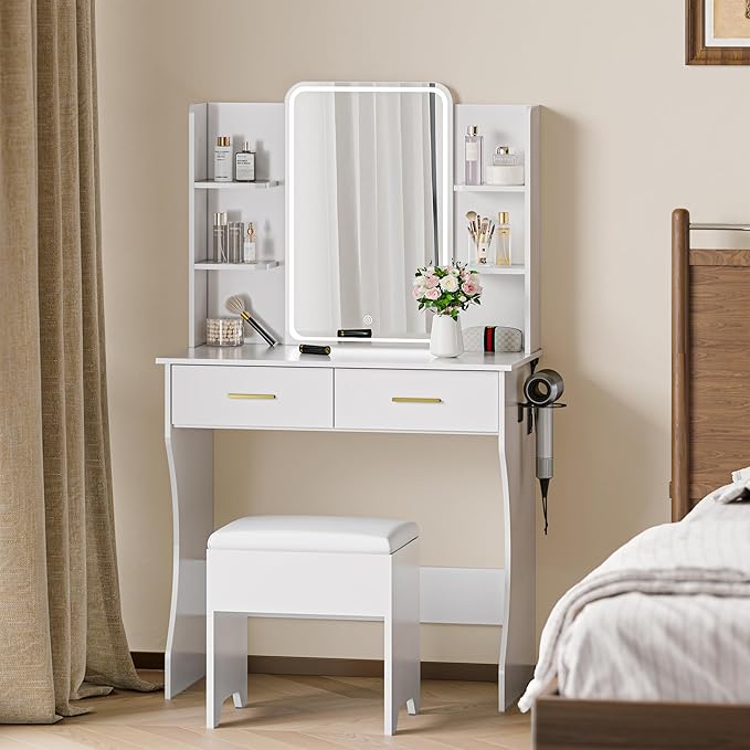 Makeup Vanity Desk with Mirror and Lights, White Vanity with Power Outlet and LED Lights, Vanity Table with 2 Drawers and 6 Storage Shelves, Vanity Set with Chair for Bedroom