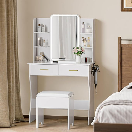 Makeup Vanity Desk with Mirror and Lights, White Vanity with Power Outlet and LED Lights, Vanity Table with 2 Drawers and 6 Storage Shelves, Vanity Set with Chair for Bedroom