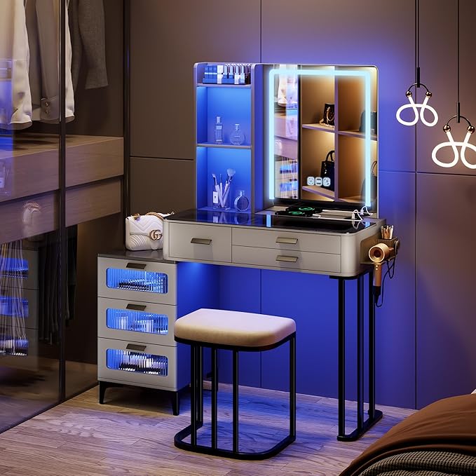 HNEBC Vanitys with HD Glass Display Table, Makeup Desk with Lighted Mirror and Charging Station, Dressing Table with RGB Lights,Jewelry Organizer,Cabinet,6Drawers,Chair for Women/Girls (Grey)