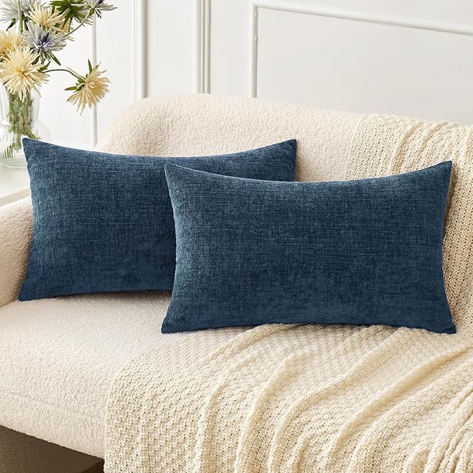 MIULEE Pack of 2 Blue Throw Pillow Covers 12x20 Inch Soft Chenille Pillow Covers for Sofa Living Room Couch Solid Dyed Cases