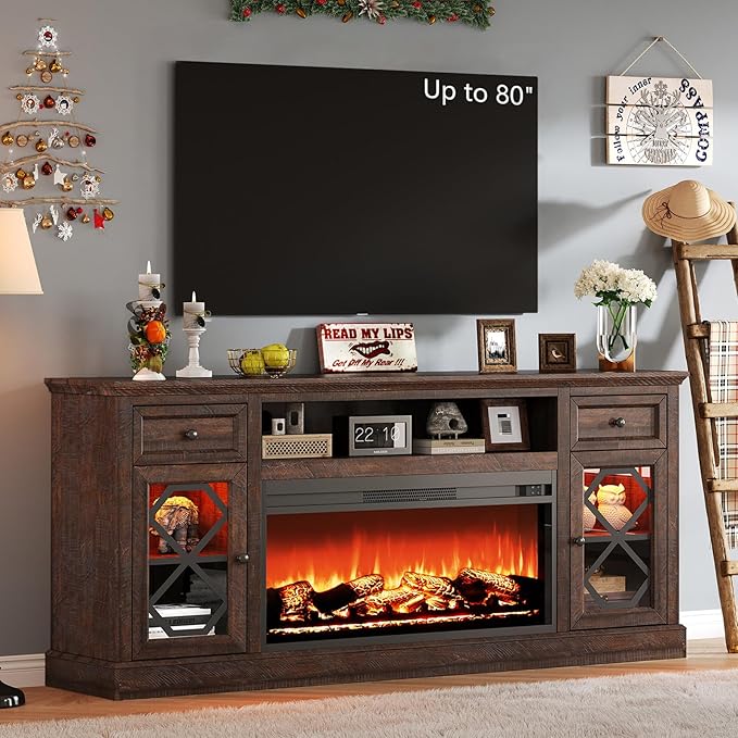 AMERLIFE Farmhouse 70" Fireplace TV Stand with 37" Fireplace, Large LED Media Entertainment Center for 80" TVs, 31" Tall Highboy TV Console Cabinet with Diamond Door for Living Room, Espresso