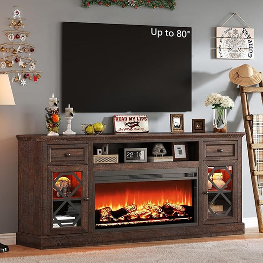 AMERLIFE Farmhouse 70" Fireplace TV Stand with 37" Fireplace, Large LED Media Entertainment Center for 80" TVs, 31" Tall Highboy TV Console Cabinet with Diamond Door for Living Room, Espresso