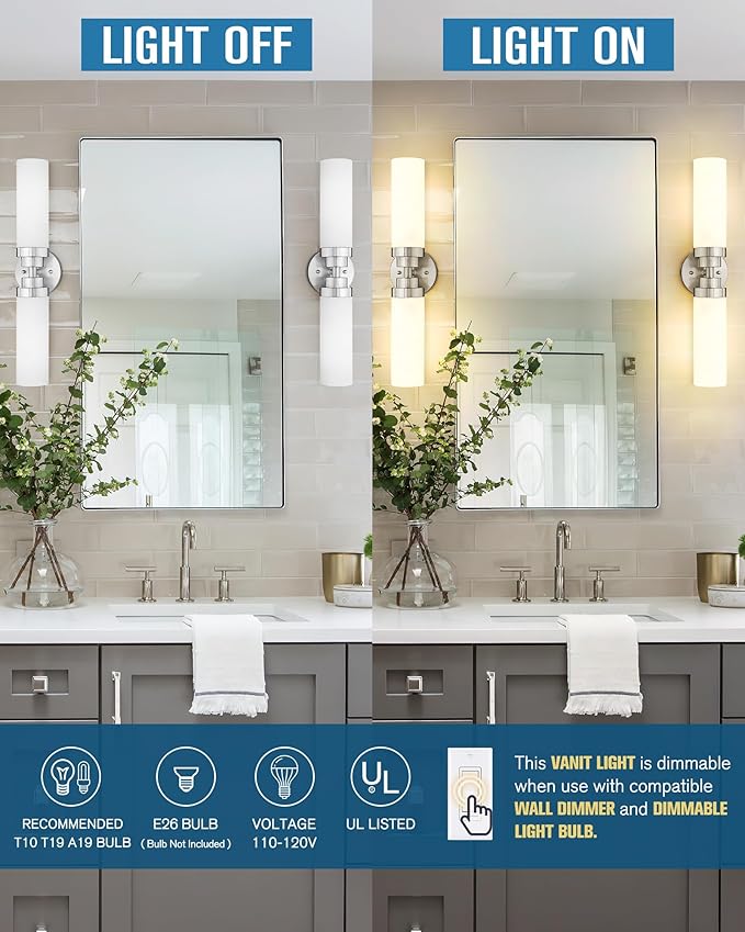 Emak Modern Brushed Nickel Bathroom Light Fixtures, 2-Light Vanity Lights for Mirror, 22 Inch Indoor Wall Sconces with Milk Glass Shade for Bathroom, Bedroom, Hallway, VL085-BN-ML-2