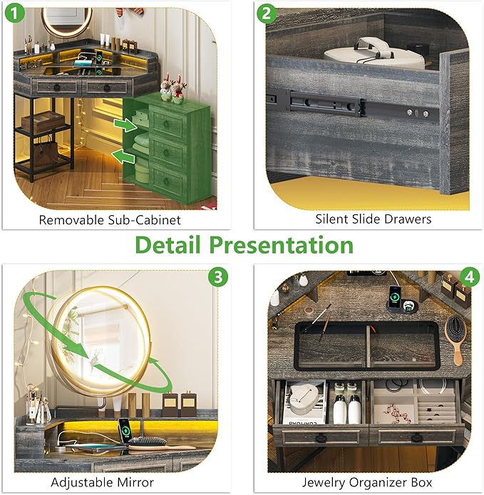 Corner Vanity Desk with Lighted Rotating Mirror and Lights, Glass Top Makeup Vanity with Corner Shelf&5 Drawers, Girls Vanitys with Charging Station,Jewelry Organizers for Bedroom,Brown