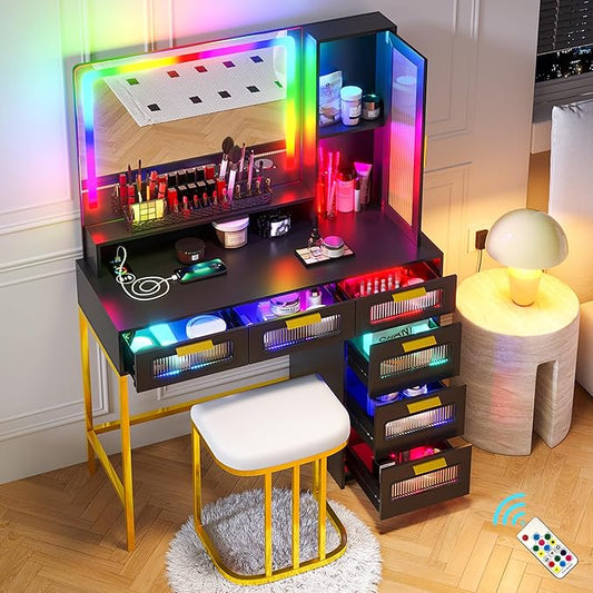 HNEBC RGB Vanity Desk with Mirror and Lights, LED Vanity Makeup Desk with USB/Wireless Charger Station, Vanities Dressing Table Sets with 6 Drawers/Cabins/Stool/Shelves for Bedroom&Cloakroom,Black