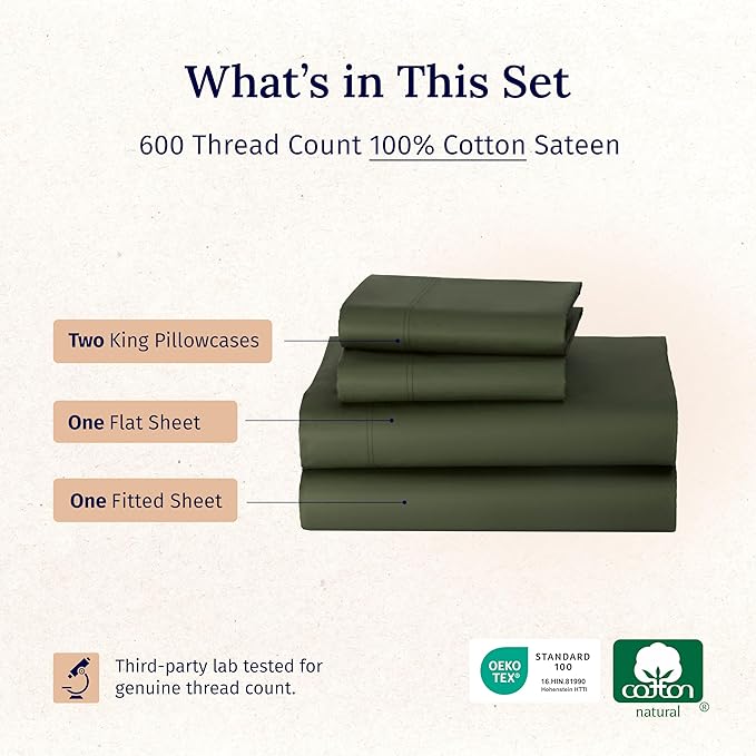 California Design Den California King Sheets Deep Pockets Set - Luxury 600 Thread Count 100% Cotton Sateen, California King Sheet Set, Hotel-Quality Bedding - Olive Green