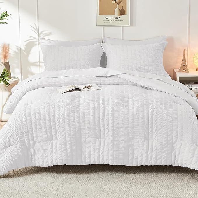 HYMOKEGE White Full Size Comforter Sets Seersucker 7 Pieces, All Season Luxury Bed in a Bag for Bedroom, Bedding Set with Comforters, Sheets, Pillowcases & Shams