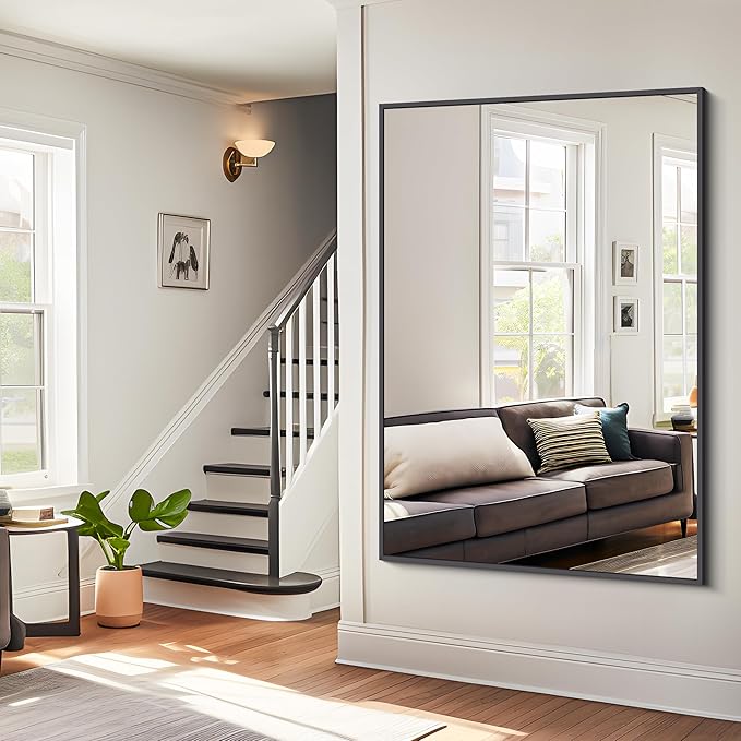 BONEWEI Bathroom Mirror,55x36 inch Large Wall Mirror for Bathroom Wall Mounted Black Rectangle Corner Mirrors,Black Bathroom Mirror for Living Room,Farmhouse,Bedroom Entryway,Horizontal/Vertical