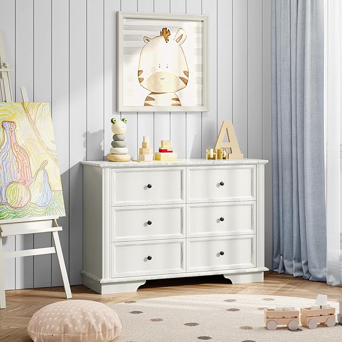 VINGLI White Dresser 6 Drawer, 47" Long Dresser for Bedroom, Chest of Drawers, French Vintage White Dressers Wood for Living Room, Hallway, 47.24" W*15.75D*31.5" H