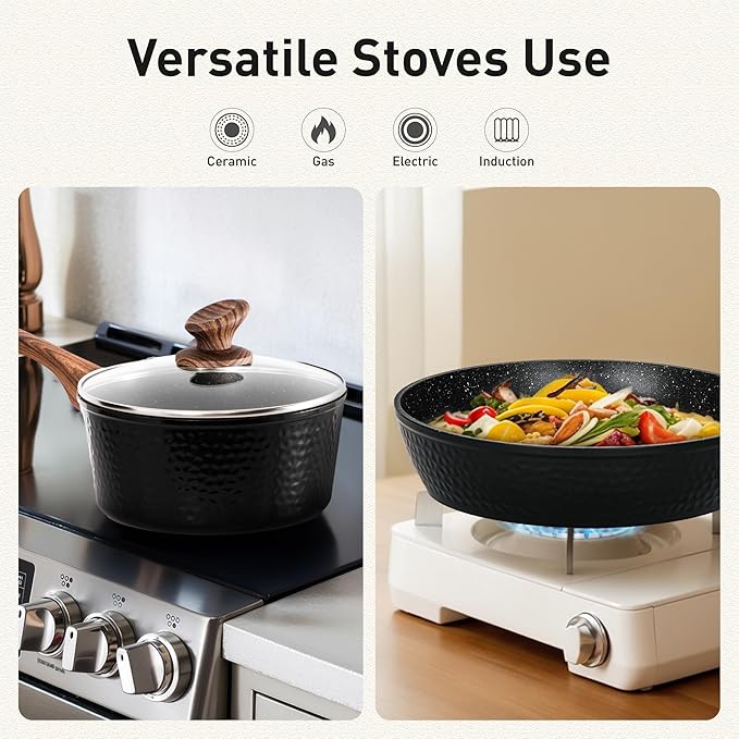 DishDelight 15 Piece Pots and Pans Set Non Stick, Induction Nonstick Kitchen Cookware Sets, Nonstick Induction Cookware with Frying Pans and Saucepan Set, Non-toxic Kitchen Cooking Set, Black