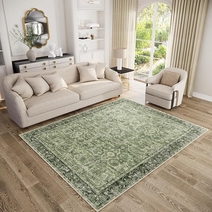 Washable Area Rugs 5'x7' Non-Slip Vintage Boho Distressed Fade Resistant Low Pile Carpet for High-Traffic Living Room, Bedroom & Dining Room