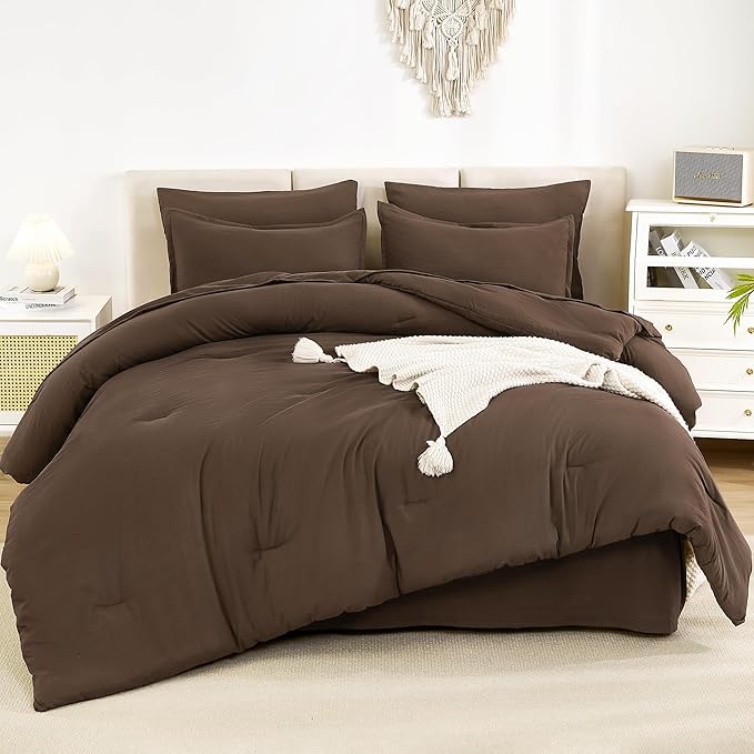 Litanika Super King Comforter Sets Brown - 7 Pieces Bed in a Bag Oversized King Bedding Comforter Sets, Solid Lightweight Bed Set with Comforter, Sheets, Pillowcases & Shams
