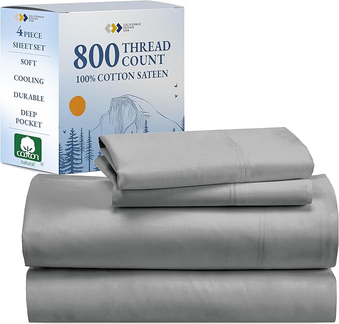 California Design Den King Size Bed Sheets 100% Cotton Sateen - Buttery Soft 800 Thread Count Bedding Set - Beats Fake Egyptian Claim, Durable Deep Pocket Fitted Sheet (Light Grey)