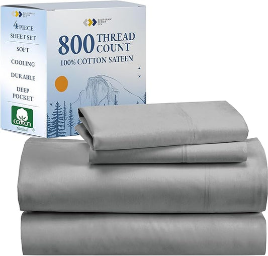 California Design Den Queen Size Bed Sheets Set, 100% Cotton Bed Sheets - Buttery Soft 800 Thread Count Sateen - Beats Fake Egyptian Claim, Deep Pockets, Durable Bedding Set (Light Grey)