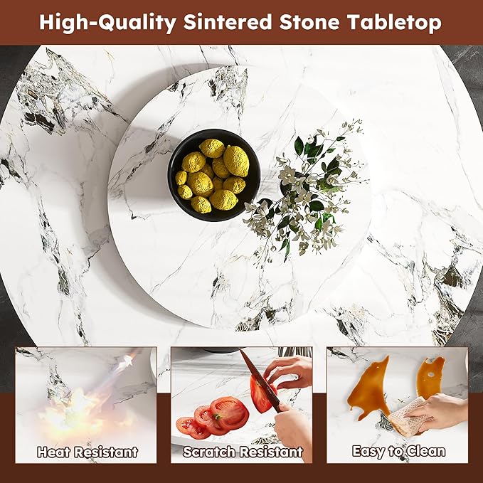 Dining Table Set with 6 Chairs, 59" Round Modern Marble Dining Table with Lazy Susan, Sintered Stone Top for Kitchen, Dining Room, Dinette