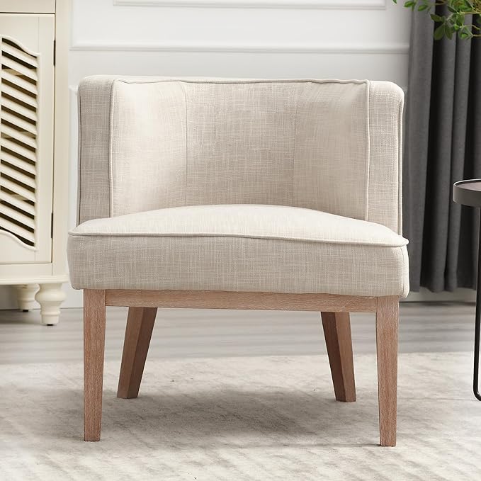 Comfy Barrel Chair Mid Century Modern Accent Chair with Solid Wood Leg Upholstered Reading Arm Chair Linen Fabric Waiting Room Round Side Chairs for Small Spaces Living Room Bedroom Office, Beige